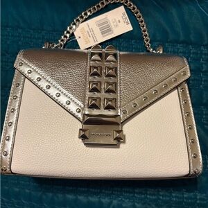 Michael Kors Metallic Silver and White Studded Crossbody Bag